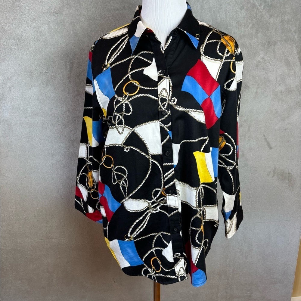 Lauren Ralph Lauren Nautical Flag Print Button Down Blouse Womens L Black Cotton